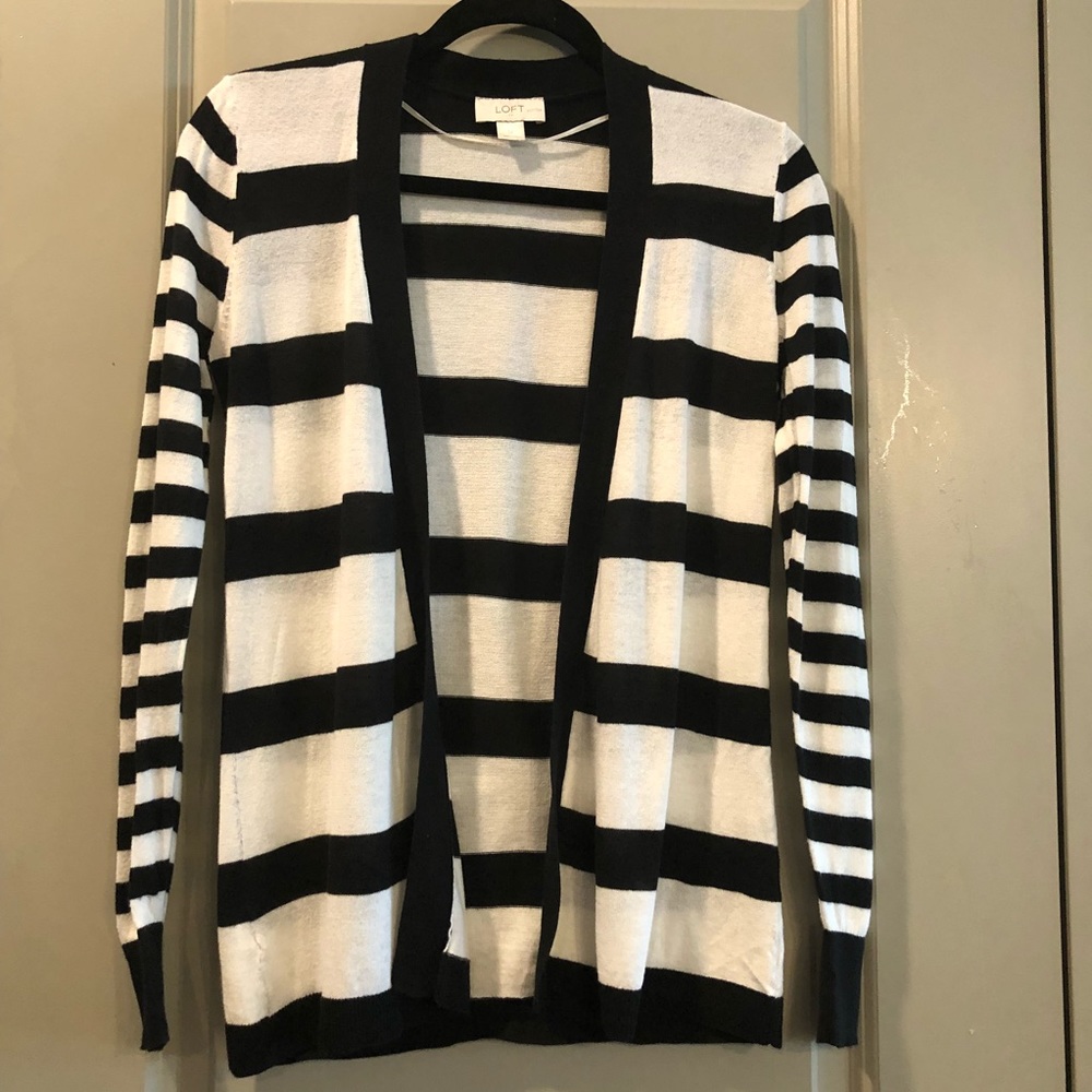 Ann Taylor Loft Petites Black Stripe Open Cardigan